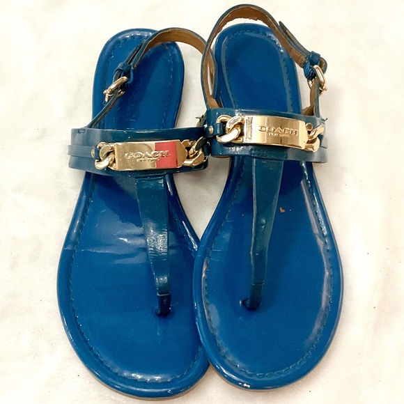 Coach Shoes - BLUE COACH CATERINE PATENT LEATHER  T STRAP  SANDALS SZ 6B